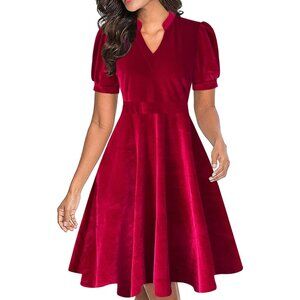 Women Red Velvet Short Puff Sleeve Flare Semi-Formal Summer Dress With Pockets